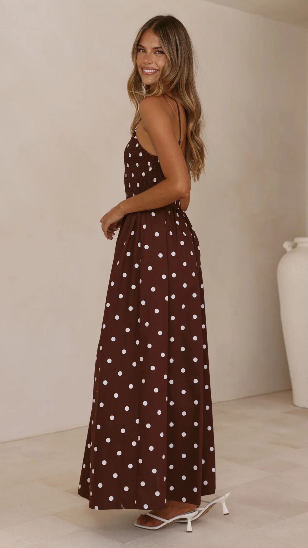 Women’s Spring/Summer New Arrival Polka Dot Print French Round Neck Waist-Cinching Camisole Flared Maxi Dress