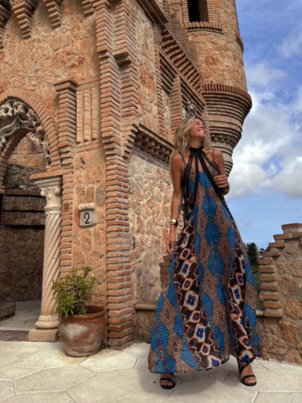 Women’s Summer New Arrival Influencer Style Placement Print Camisole Flared Maxi Dress