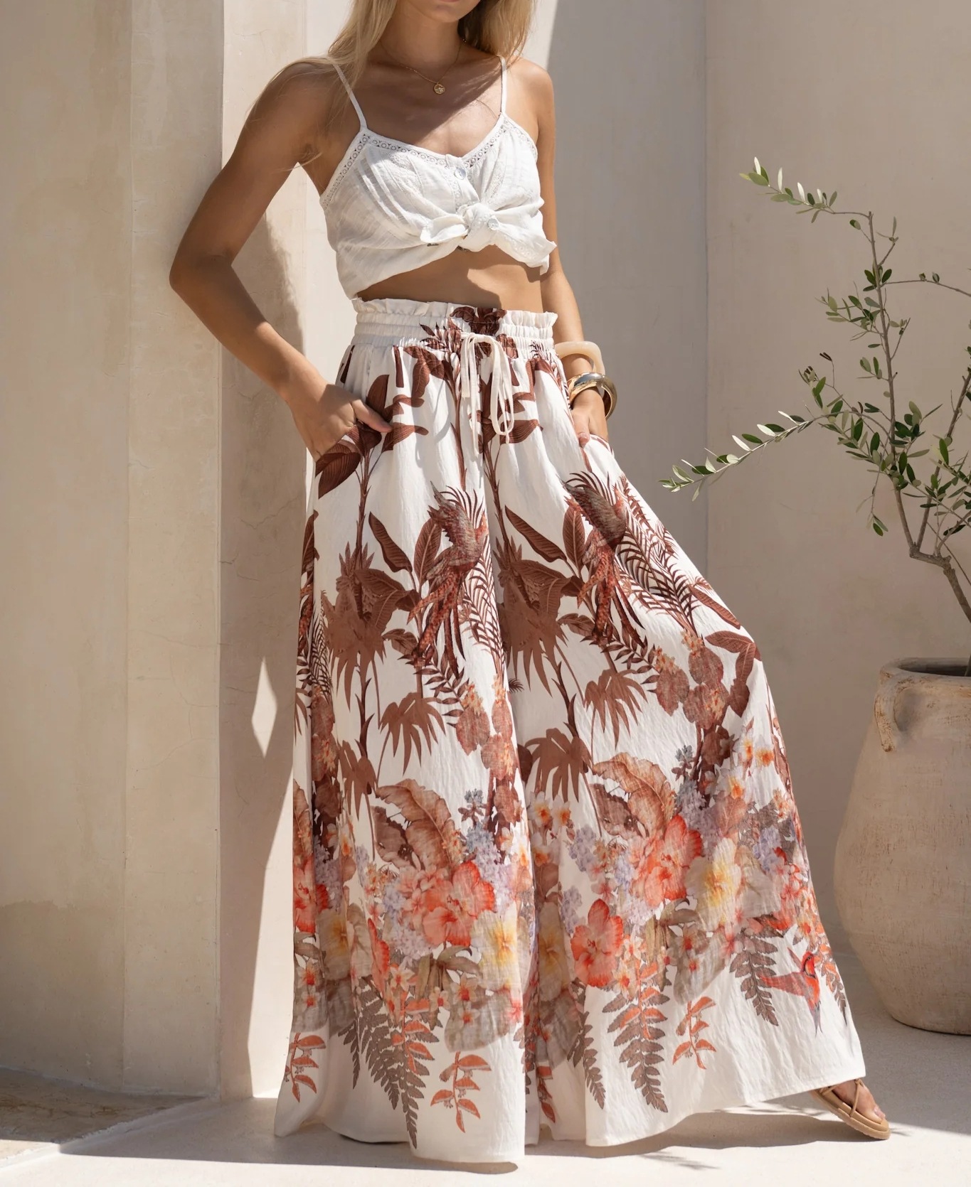 Women’s Summer New Arrival Leaf Print Loose Wide-Leg Casual Pants