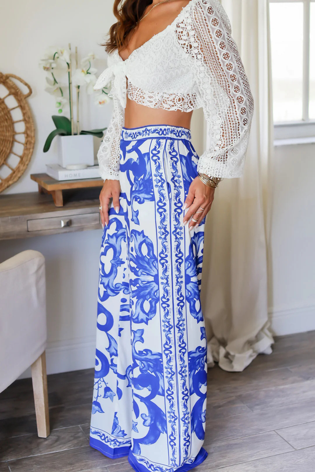 Women’s Summer New Arrival Blue-and-White Porcelain Placement Print Fashion Casual Wide-Leg Straight Pants