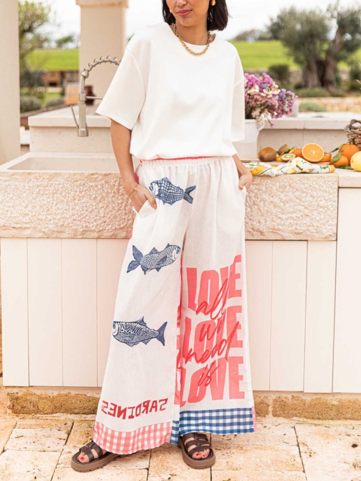 Women’s Summer New Arrival Graffiti Placement Print Loose Casual Resort Wide-Leg Straight Pants