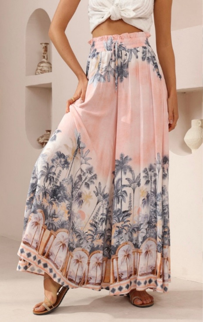Women’s Summer New Arrival Printed Casual Resort Elastic Waist Wide-Leg Long Pants