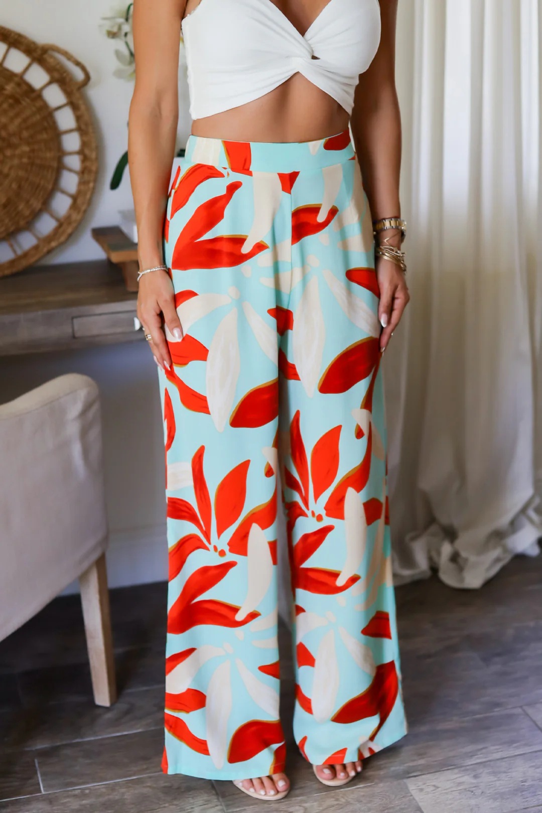 Women’s Summer New Arrival Leaf Print Wide-Leg Casual Pants – High-Waist Straight Long Pants