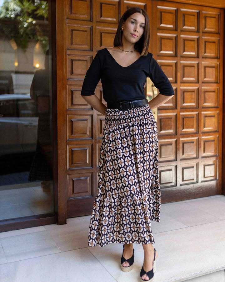 Women’s Ins Influencer Style Print Shirred Elastic Waist Flared Long Skirt