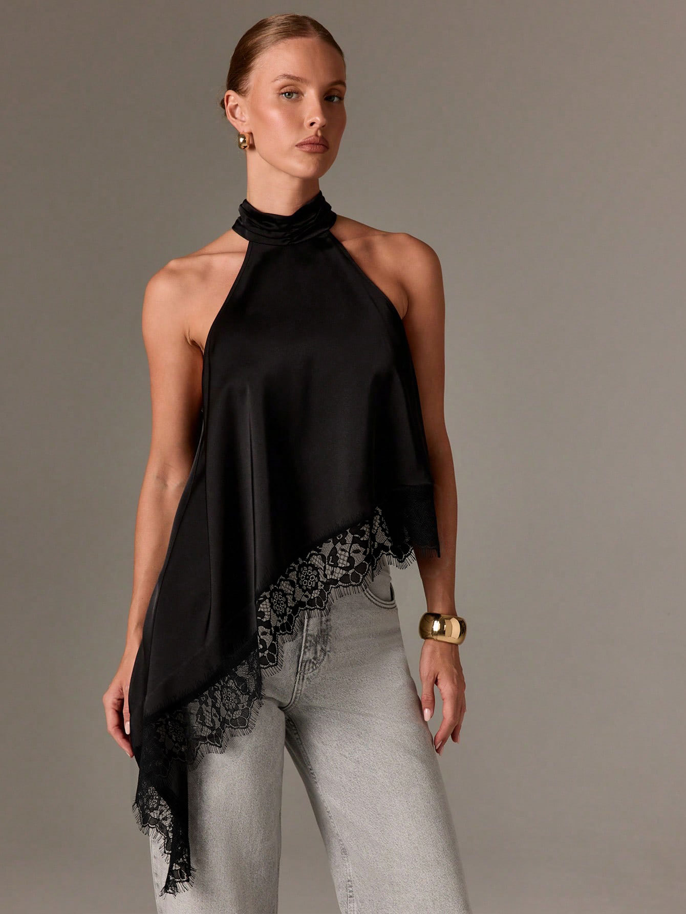 Women’s Summer Satin Patchwork Lace Sleeveless Halter Neck New Arrival Off-Shoulder Asymmetric Top