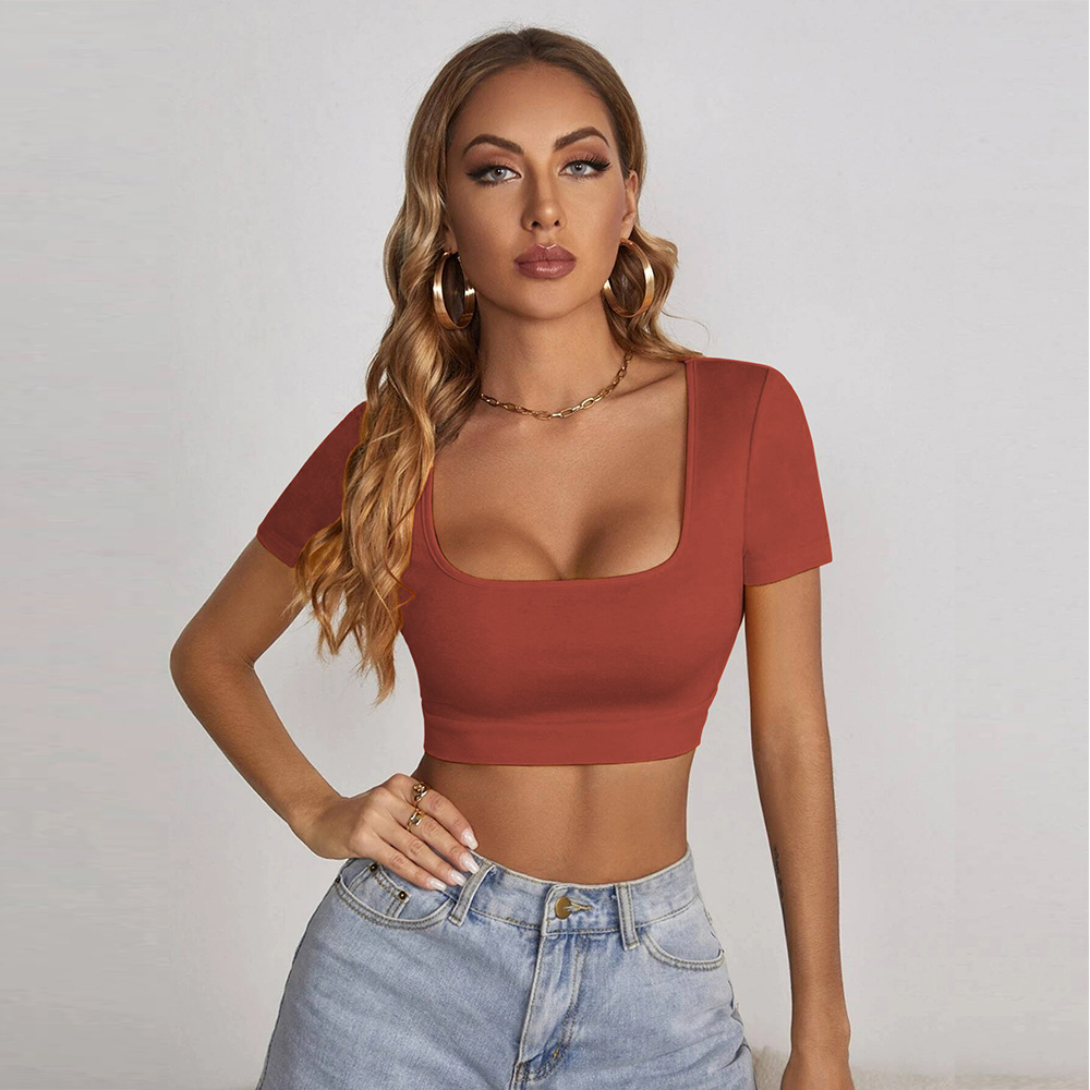 Women’s Summer New Arrival Square Neck Crop T-Shirt – Sexy Slim-Fit Streetwear Short Sleeve Top