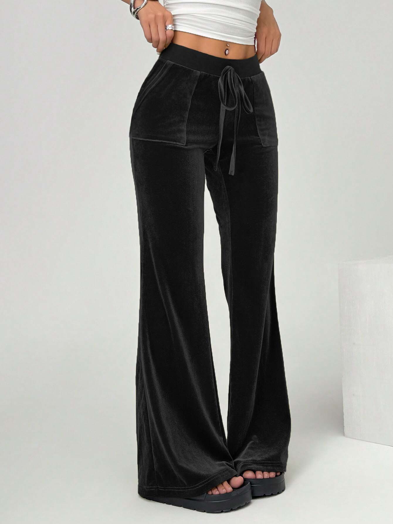Women’s 2026 Minimalist Elegant Velvet Casual Pants – Spring/Summer Drawstring Slimming Wide-Leg Long Pants