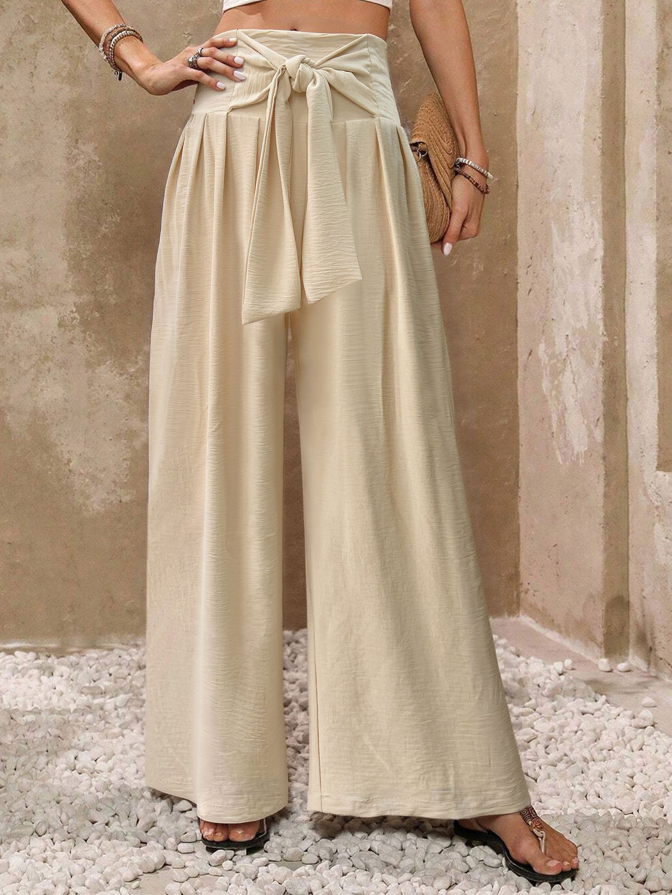 Women’s Fashion Summer New Arrival Solid Wide-Leg Pants – High-Waist Tie Design Unique Casual Draping Straight-Long Pants