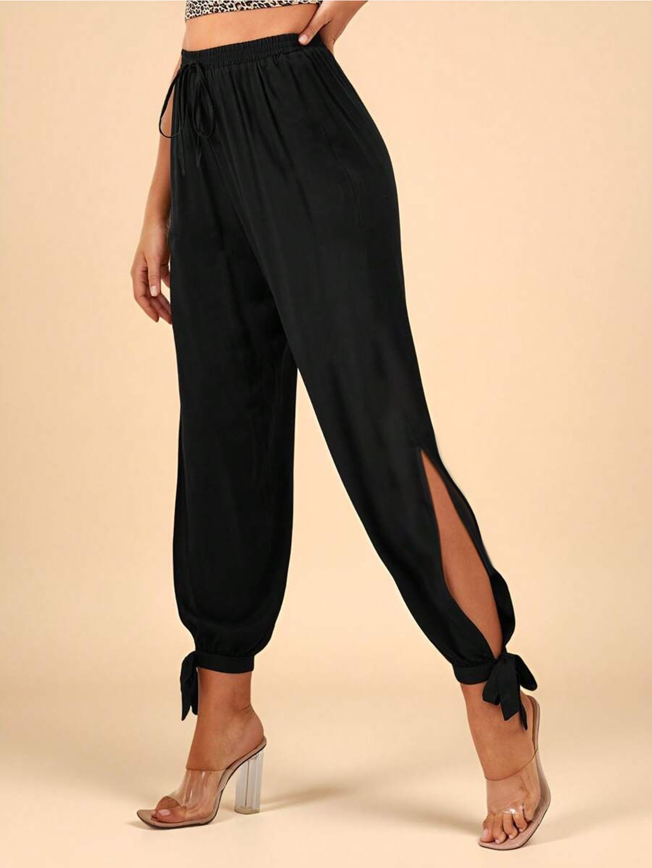 Women’s Retro Fashion Commuter Black High-Waist Drawstring Slit Tie Elastic Cuff Casual Pants