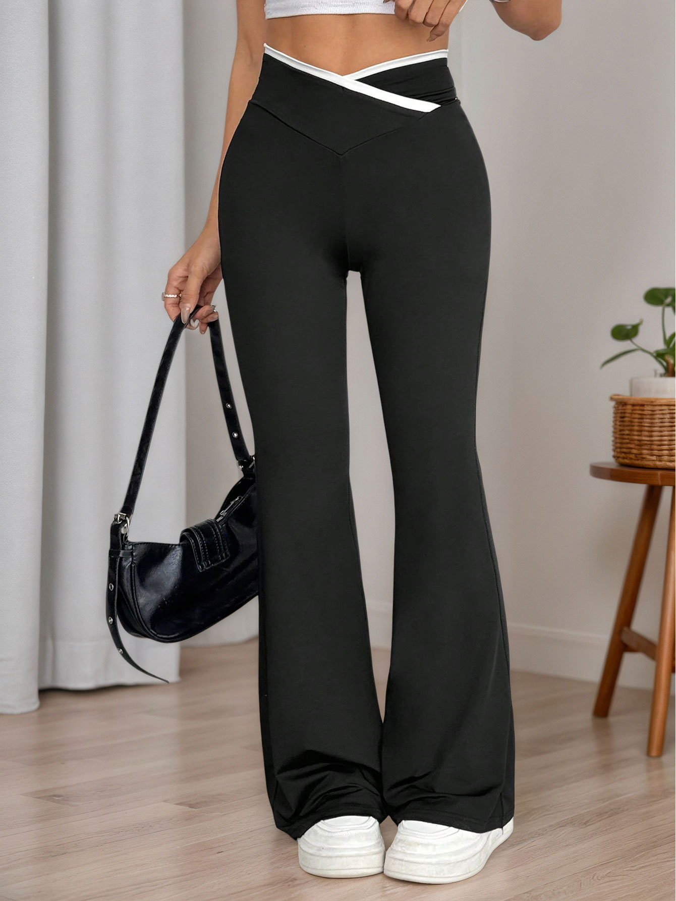 Women’s Cross Waistband Color-Block High-Waist Pants – Spring/Summer Knit Draping Micro-Flared Pants Slimming Stretch Flared Trousers