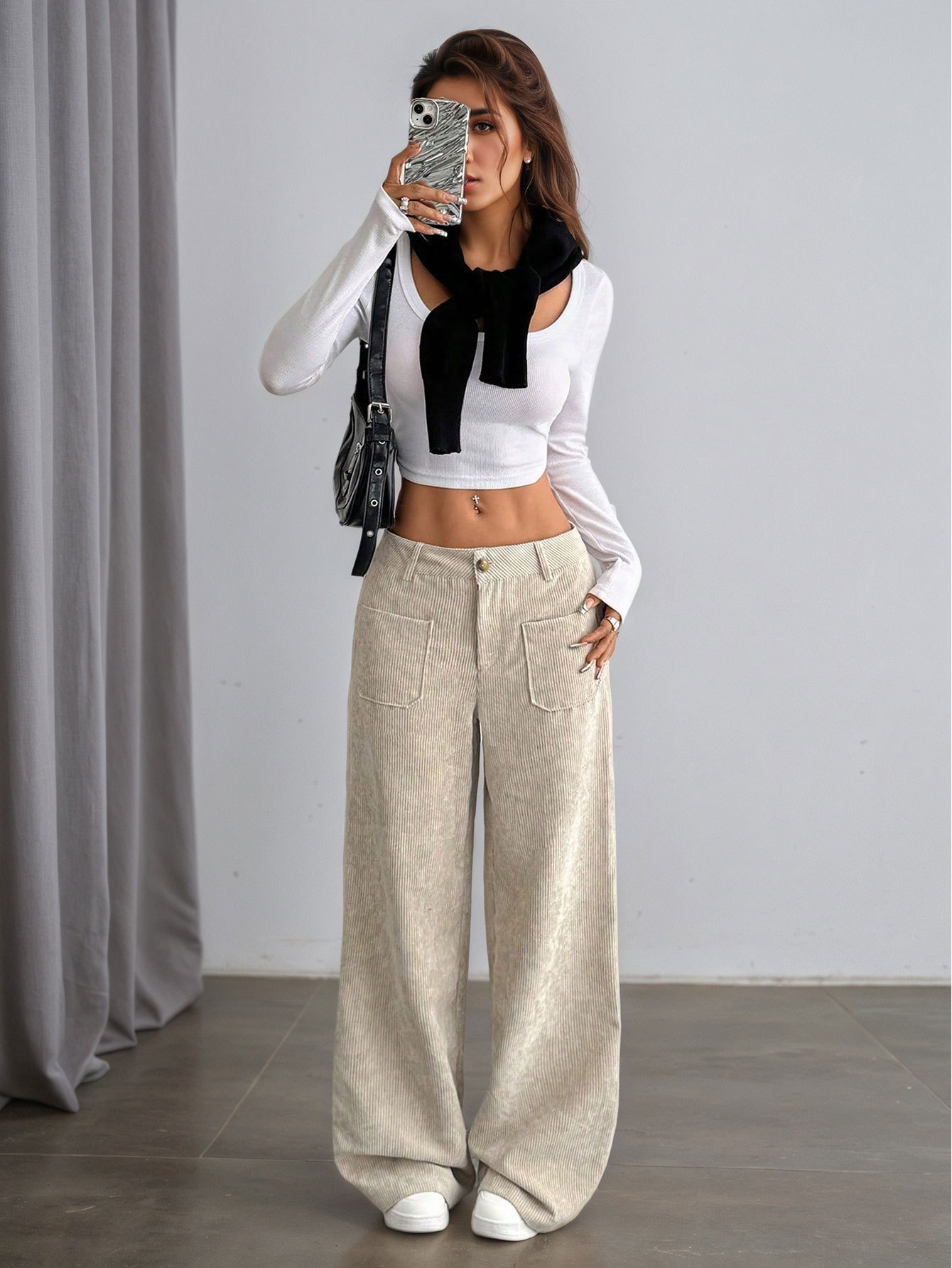 Women’s Corduroy Spring/Summer Dark Brown Vertical Stripe High-Waist Wide-Leg Loose Slimming Casual Pants