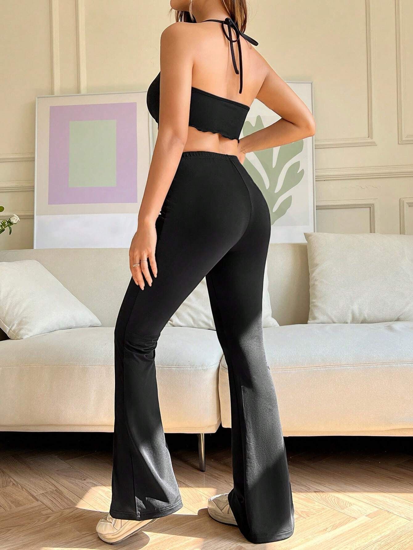 Women’s Designer High-Waist Flared Pants – 2026 Summer New Arrival Waist-Cinching Black Floor-Length Trousers