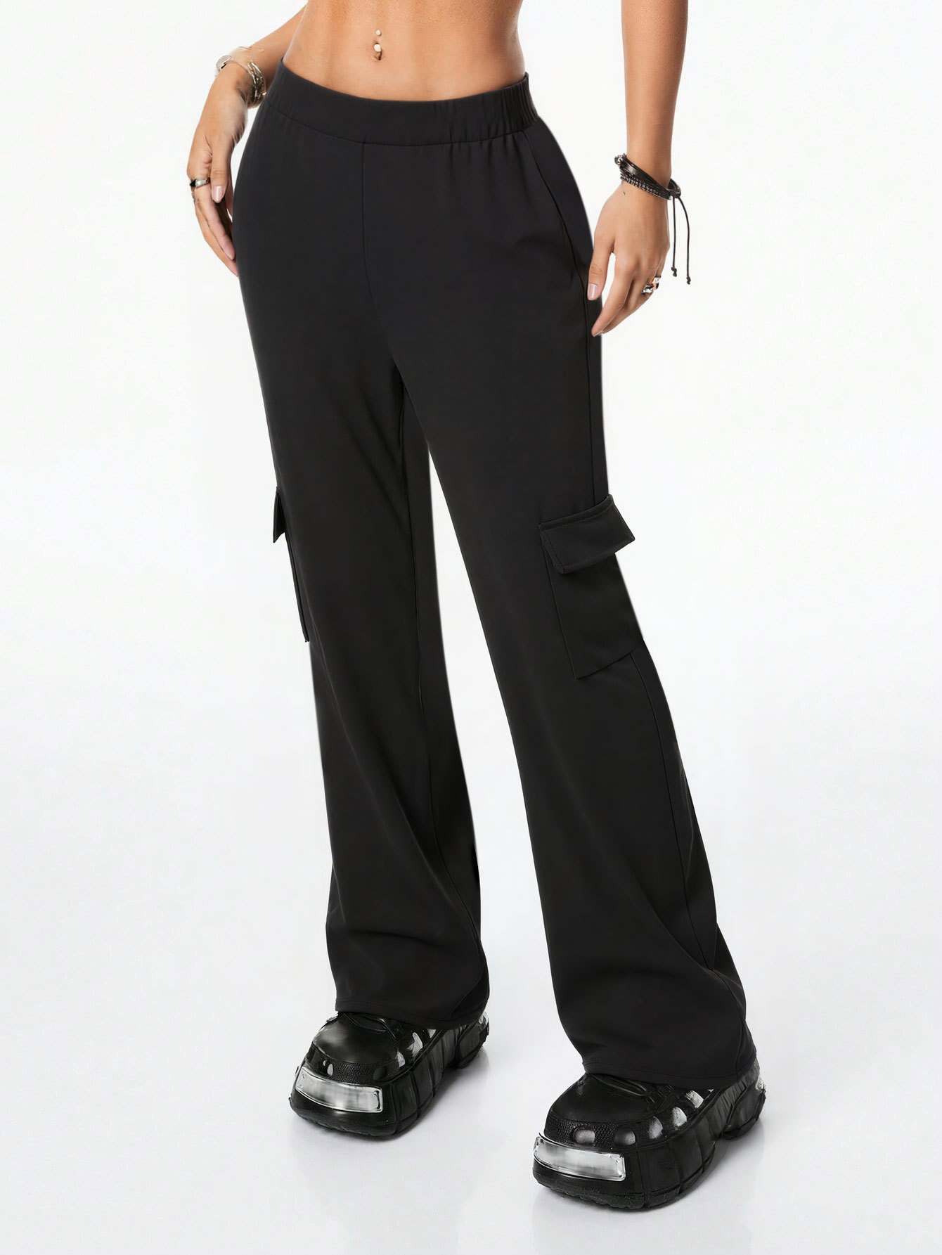 Women’s Black Spring/Fall New Arrival Pants – Elastic Waist Side Pocket Casual Fashion Flared Long Pants