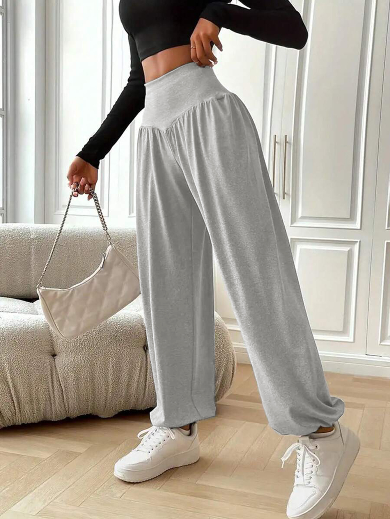 Women’s Minimalist Style Gray High-Waist Wide-Leg Casual Pants – Spring/Fall New Arrival Draping Loose Elastic Cuff Pants