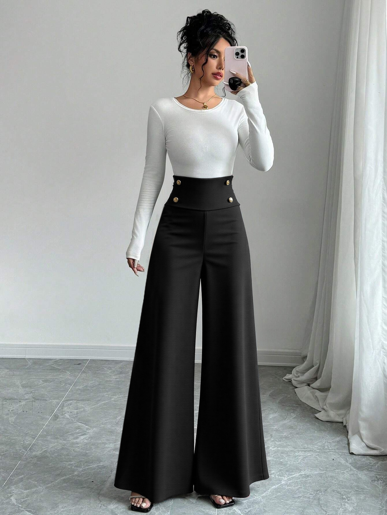 Women’s Black High-Waist Wide-Leg Pants – Slimming Draping Floor-Length Straight Pants with Metal Button Detail – Commuter Office Trousers