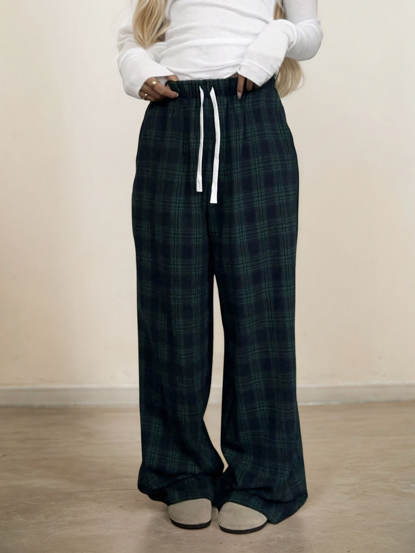 Women’s 2026 Versatile Casual Plaid Long Pants – Spring/Summer Elastic Waist Casual Pants