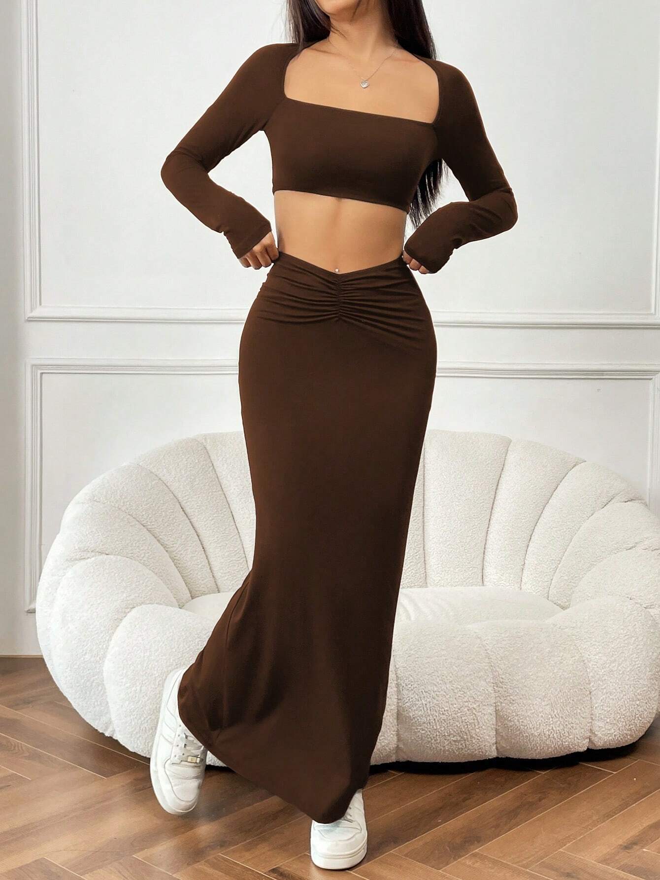 Women’s 2026 Spring/Summer New Arrival Minimalist Elegant Fashion Set – Crop Top Long Dress Two-Piece Set