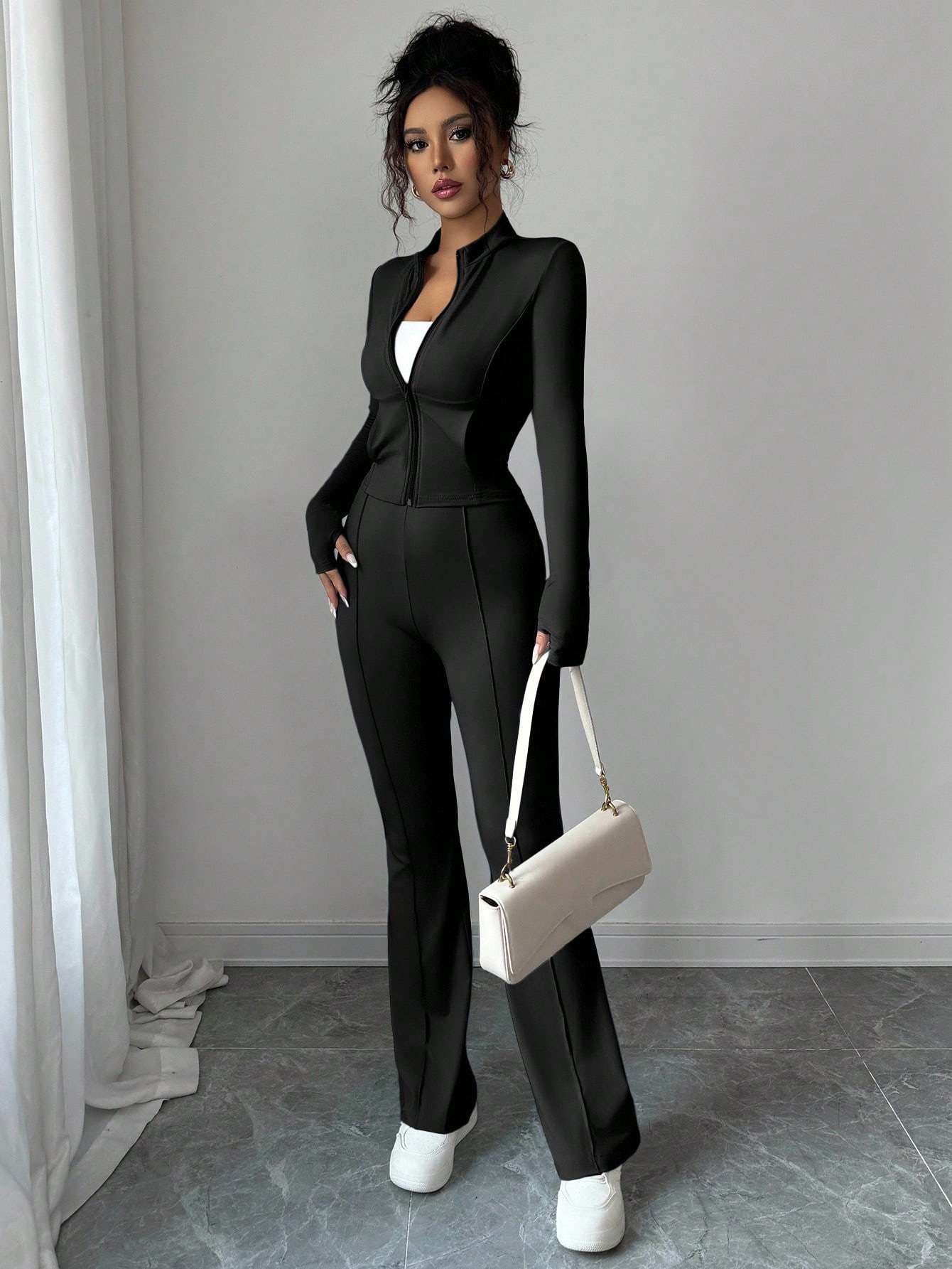 Women’s Black Stand Collar Top & Flared Pants Set – Slim-Fit Fashion Style