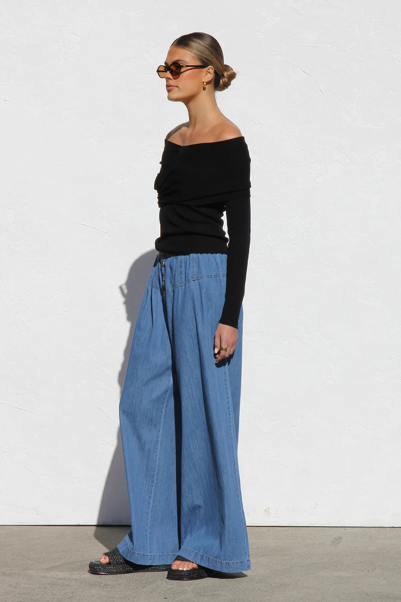 Women’s Spring/Summer Lightweight Elastic Waist Denim Long Pants – Drapey Vintage Wide-Leg Jeans