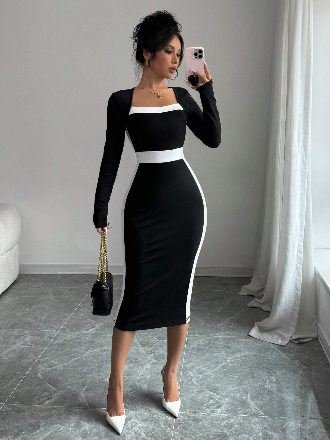 Women’s 2026 New Arrival Patchwork Color-Block Midi Dress – Sexy Bodycon Long Sleeve Dress
