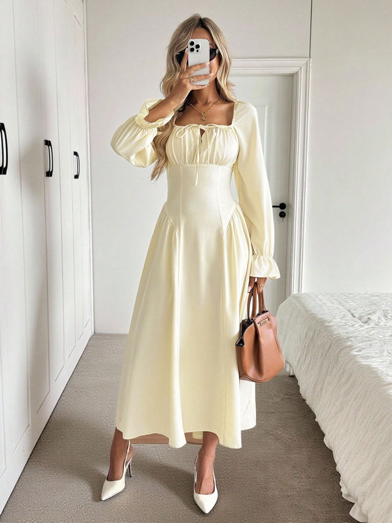 Women’s Soft Style Square Neck Tie Long Sleeve Dress – Ruched Waist-Cinching Slimming A-Line Flared Skirt
