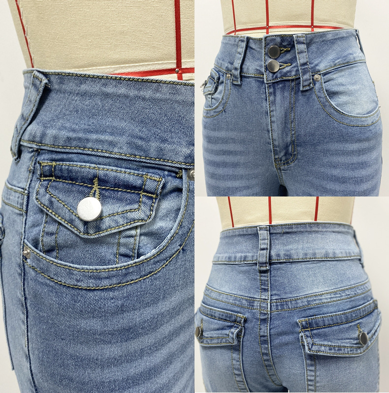 Women’s Spring/Summer Mid-Rise Double Button Straight-Leg Slim-Fit Jeans – Elegant Long Denim Pants