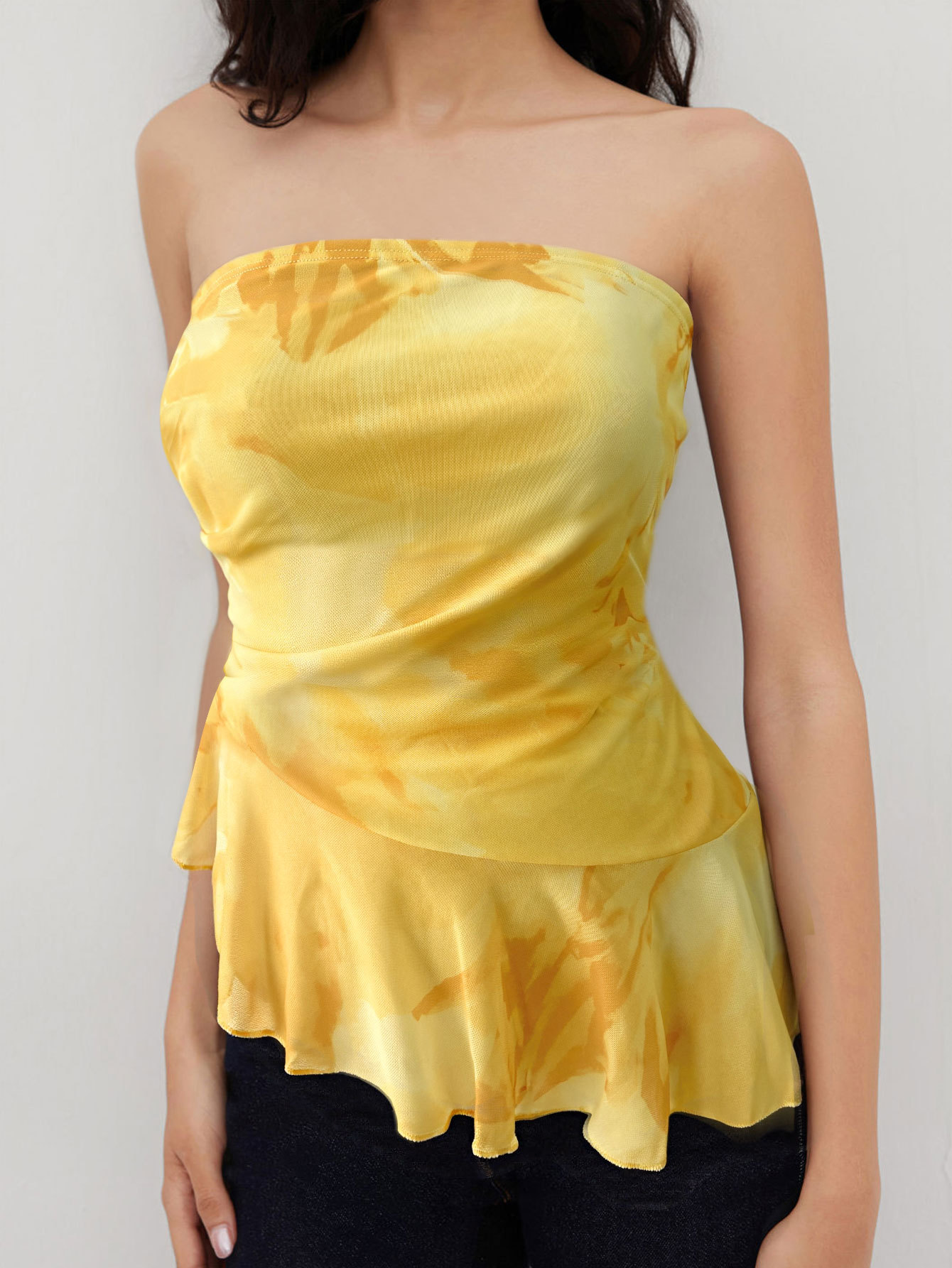 Women’s Strapless Tie-Dye Tank Top – Summer Sexy Off-Shoulder Ruffled Crop Top Casual Trendy Ins Style