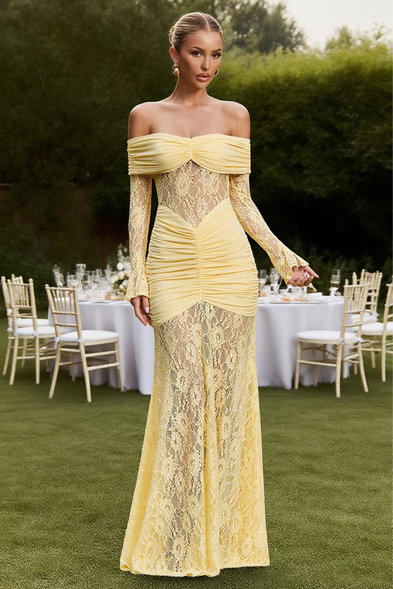 Women’s Elegant Lace Off-Shoulder Long Sleeve Backless Slim-Fit Maxi Dress – Fashion Sexy Style