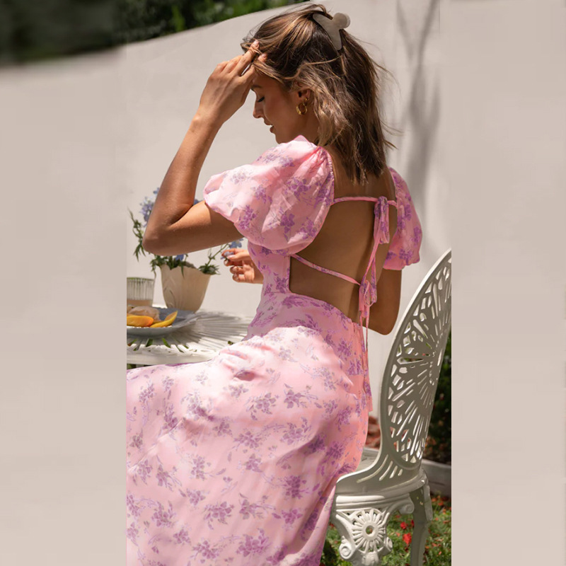 Women’s New Arrival Backless Hot Girl Spring Puff Sleeve Floral Dress – Slimming Light Luxury