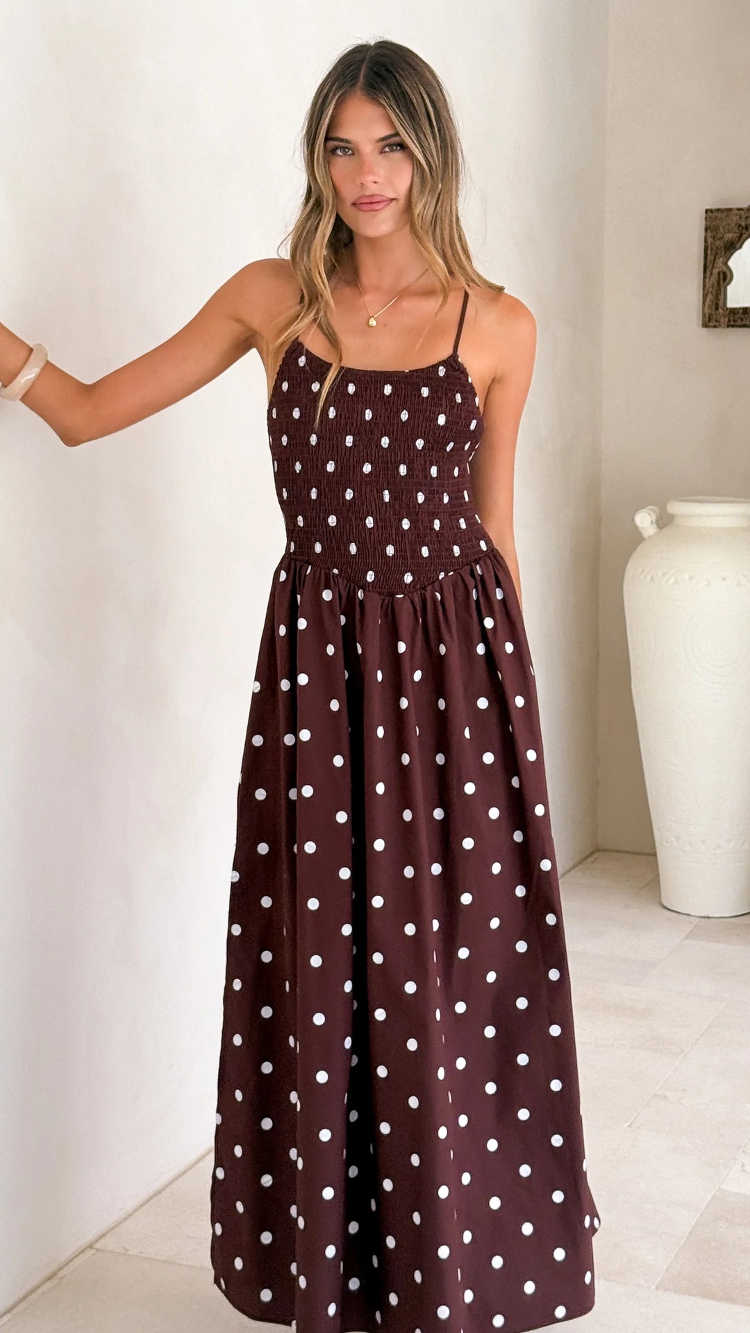 Women’s Spring/Summer New Arrival Polka Dot Print French Round Neck Waist-Cinching Camisole Flared Maxi Dress