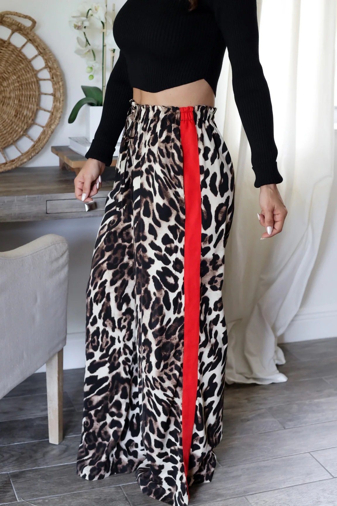 Women’s New Arrival Leopard Print Patchwork Elegant Wide-Leg Long Pants