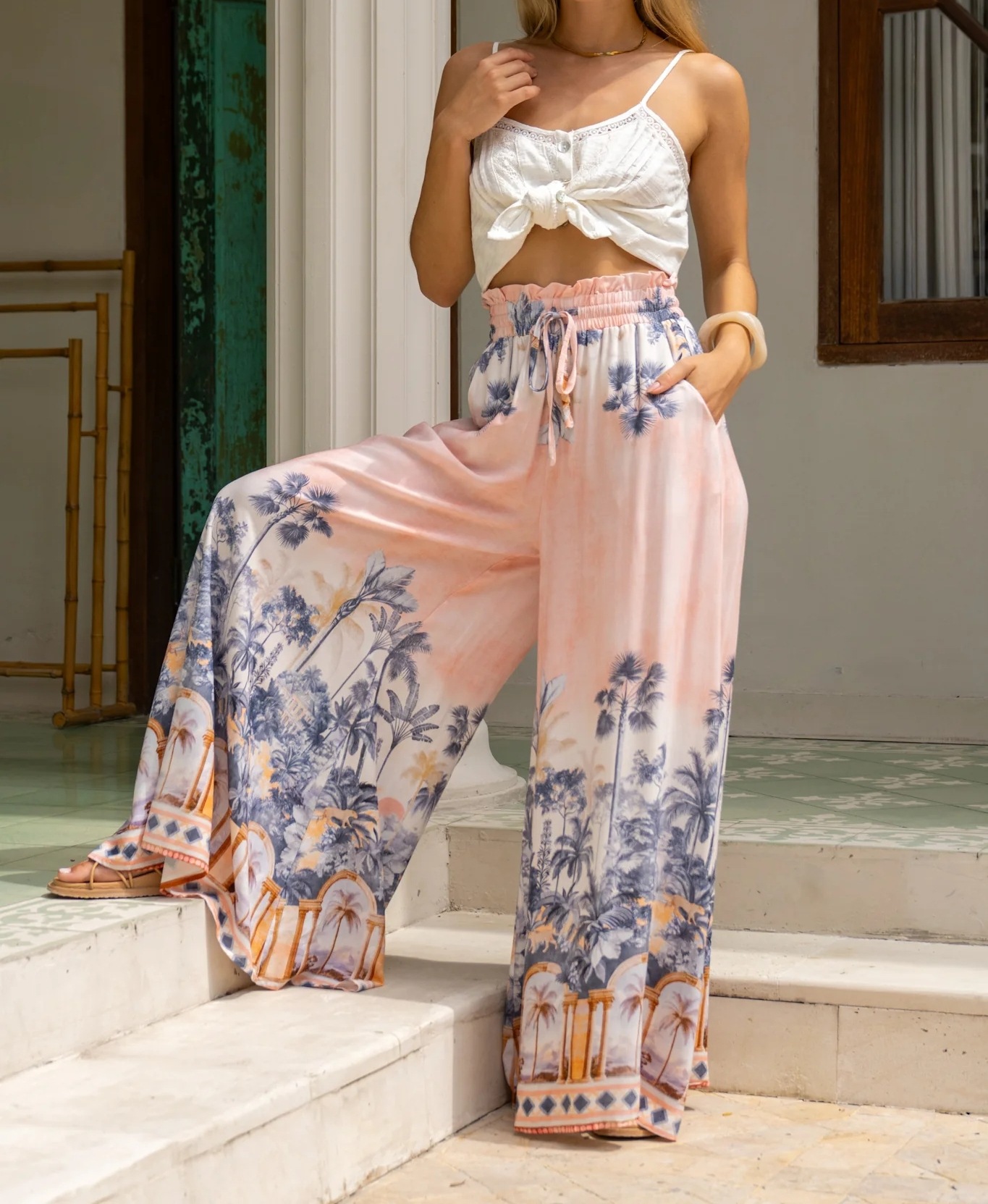Women’s Summer New Arrival Printed Casual Resort Elastic Waist Wide-Leg Long Pants