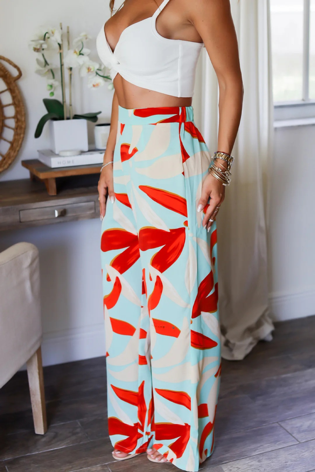 Women’s Summer New Arrival Leaf Print Wide-Leg Casual Pants – High-Waist Straight Long Pants