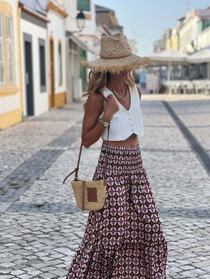 Women’s Fall New Arrival Print Elastic Waist Flared Resort Long Skirt