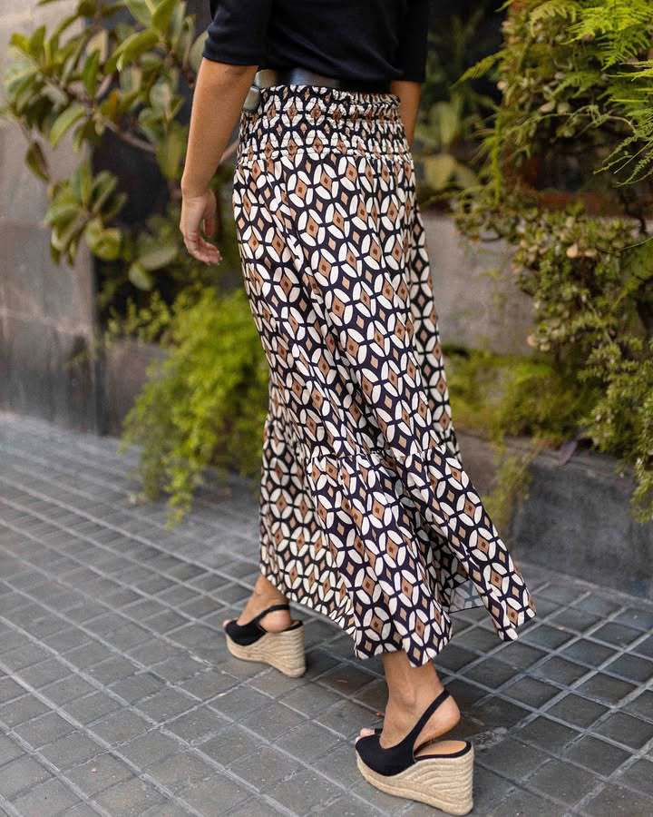 Women’s Ins Influencer Style Print Shirred Elastic Waist Flared Long Skirt