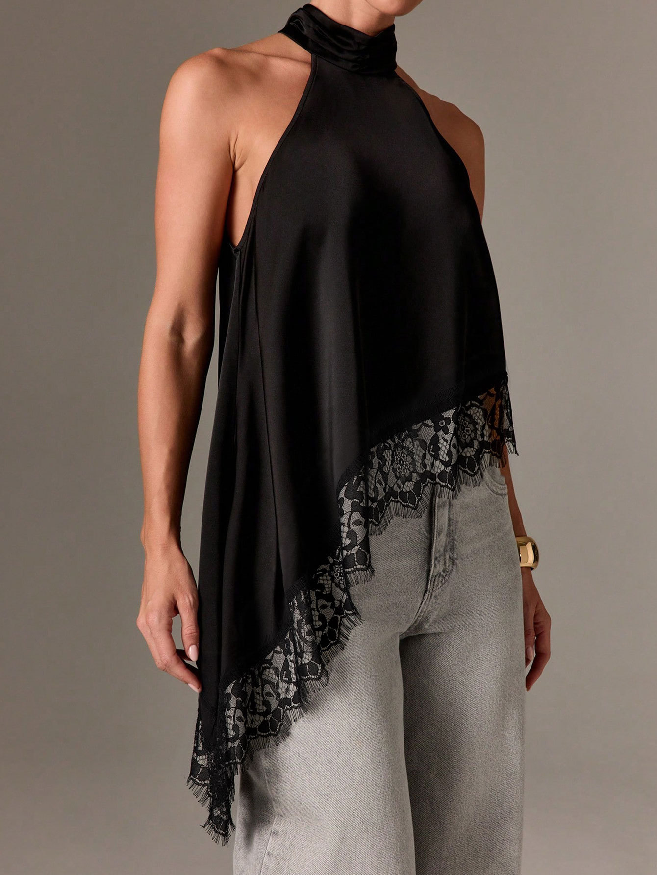 Women’s Summer Satin Patchwork Lace Sleeveless Halter Neck New Arrival Off-Shoulder Asymmetric Top