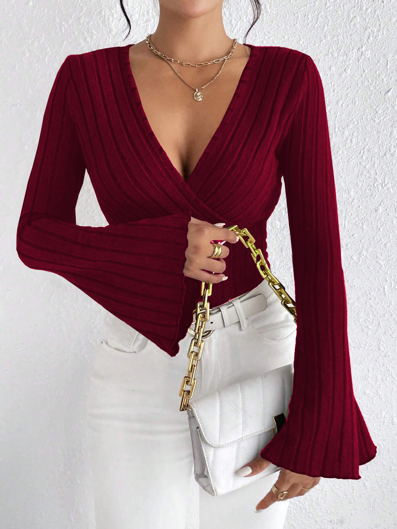 Women’s V-Neck Flare Sleeve Burgundy T-Shirt – Spring/Summer Slim-Fit Base Layer Top