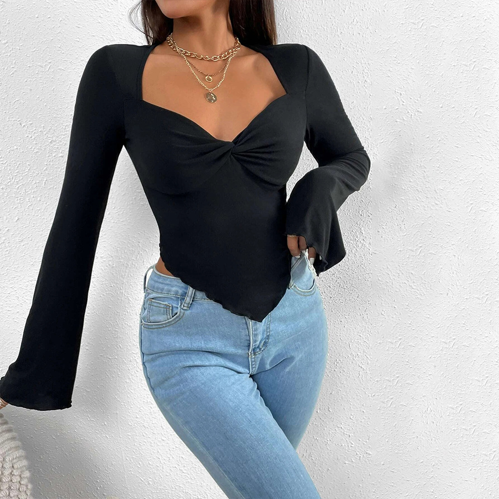 Women’s Resort V-Neck Flare Sleeve Waist-Cinching Asymmetric Knit Long Sleeve T-Shirt Top