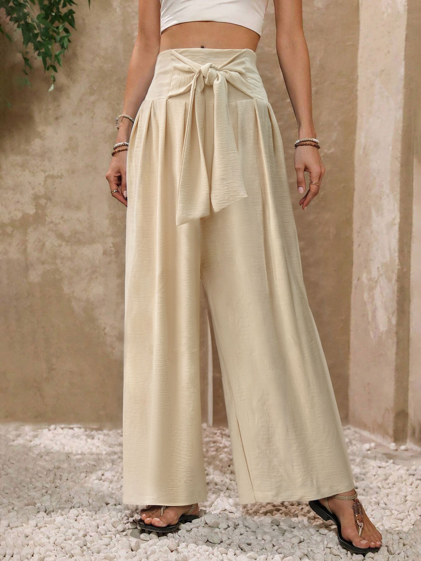 Women’s Fashion Summer New Arrival Solid Wide-Leg Pants – High-Waist Tie Design Unique Casual Draping Straight-Long Pants