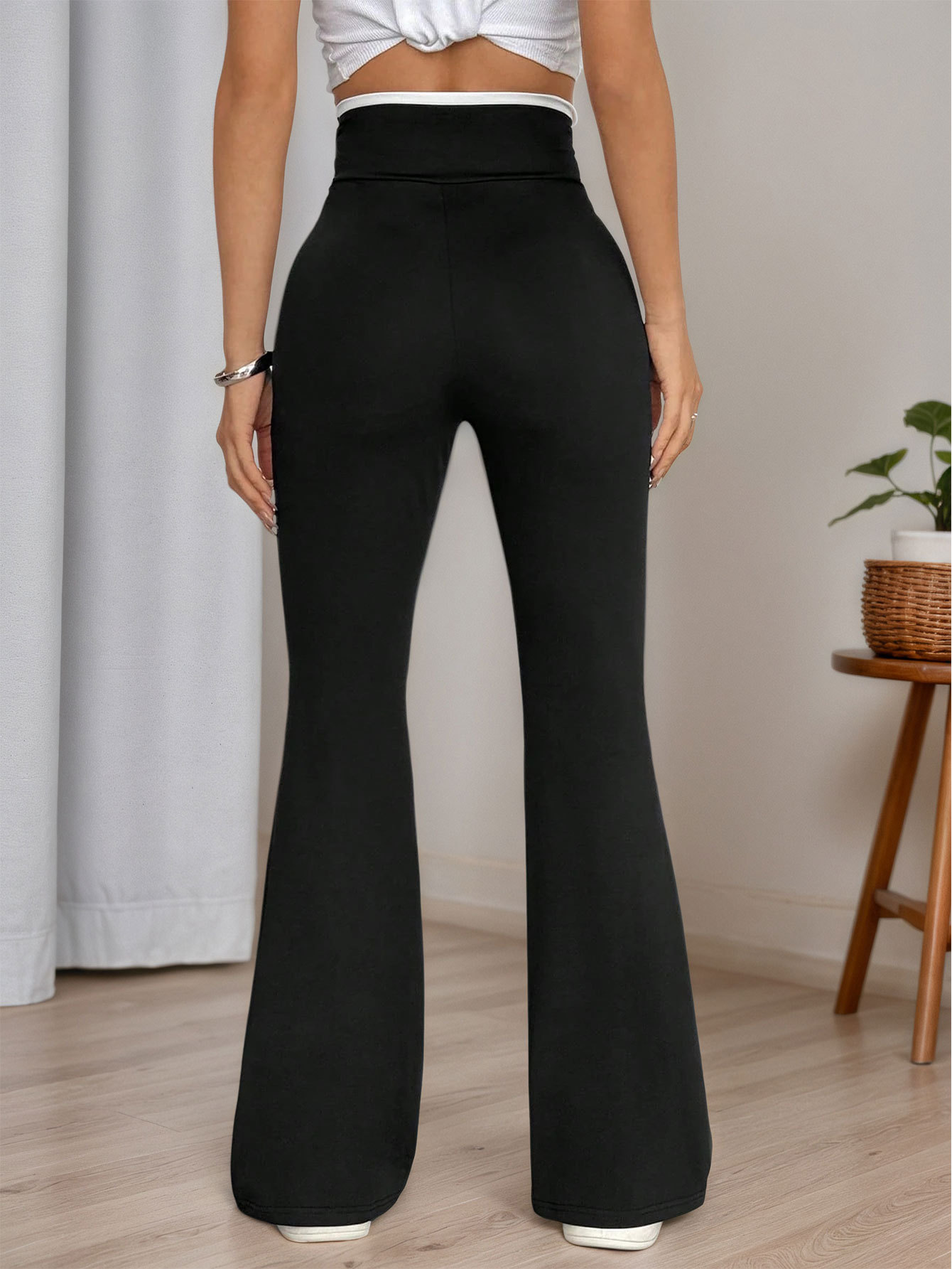 Women’s Cross Waistband Color-Block High-Waist Pants – Spring/Summer Knit Draping Micro-Flared Pants Slimming Stretch Flared Trousers