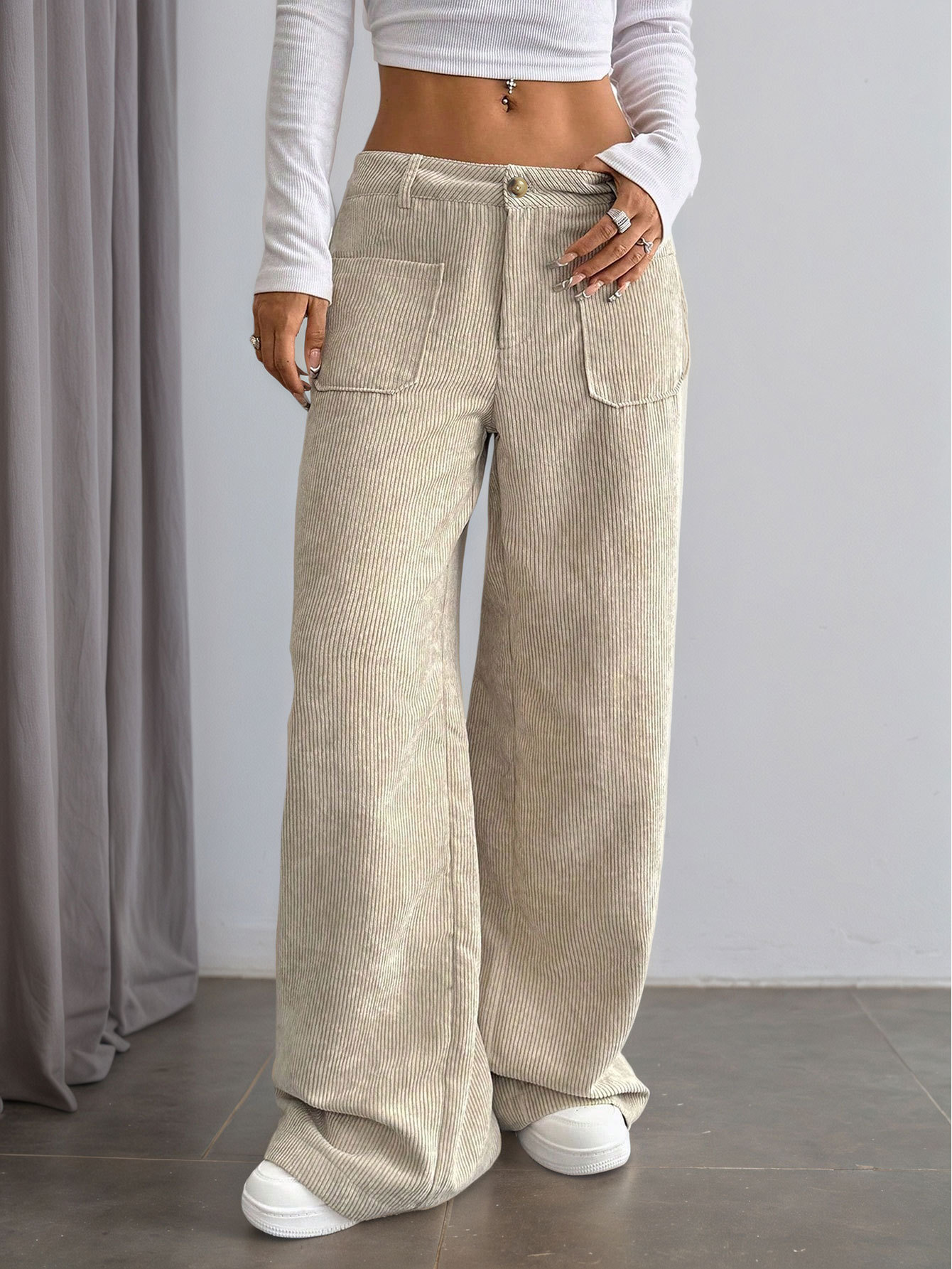 Women’s Corduroy Spring/Summer Dark Brown Vertical Stripe High-Waist Wide-Leg Loose Slimming Casual Pants