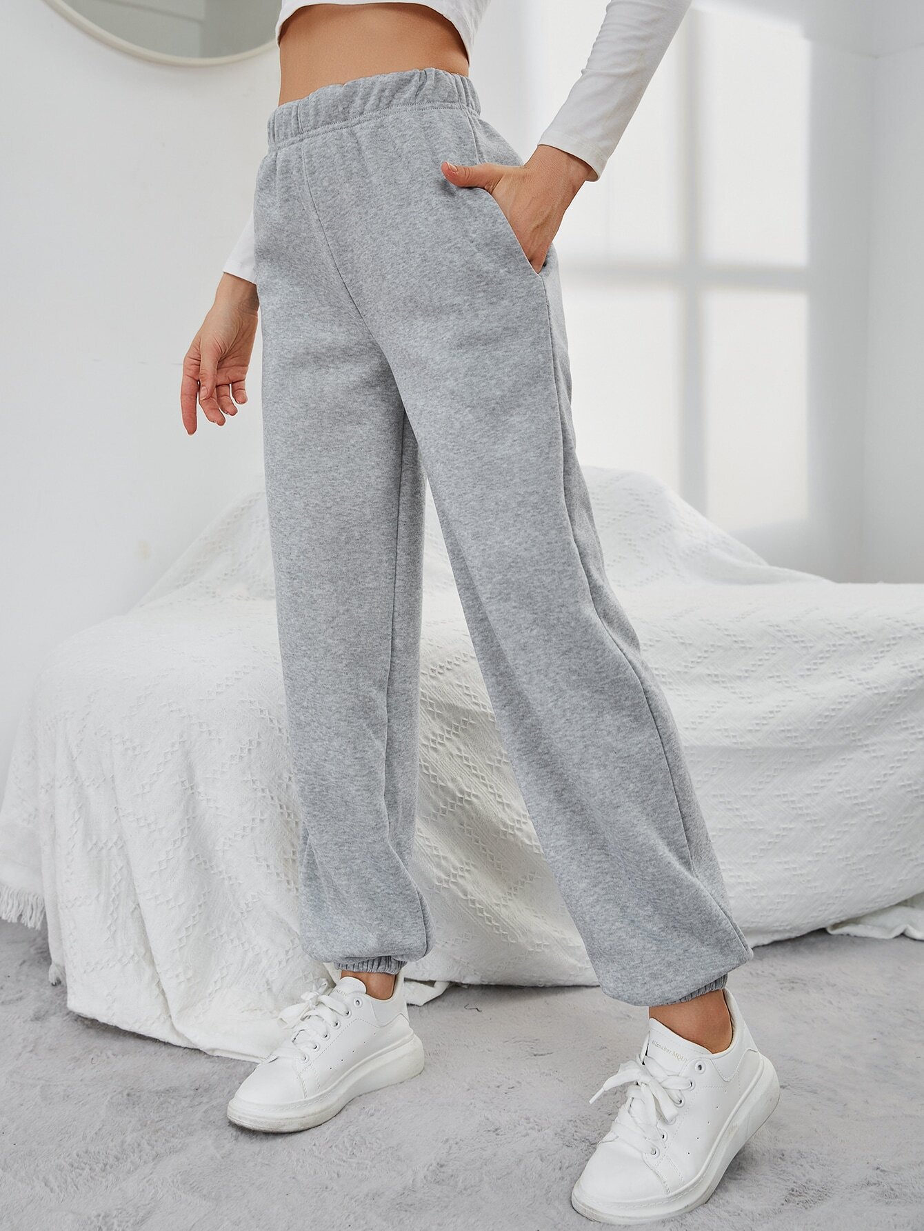 Women’s 2026 Minimalist Straight-Leg Casual Pants – Spring/Summer Pocket Design High-Waist Sport Fleece-Lined Long Pants