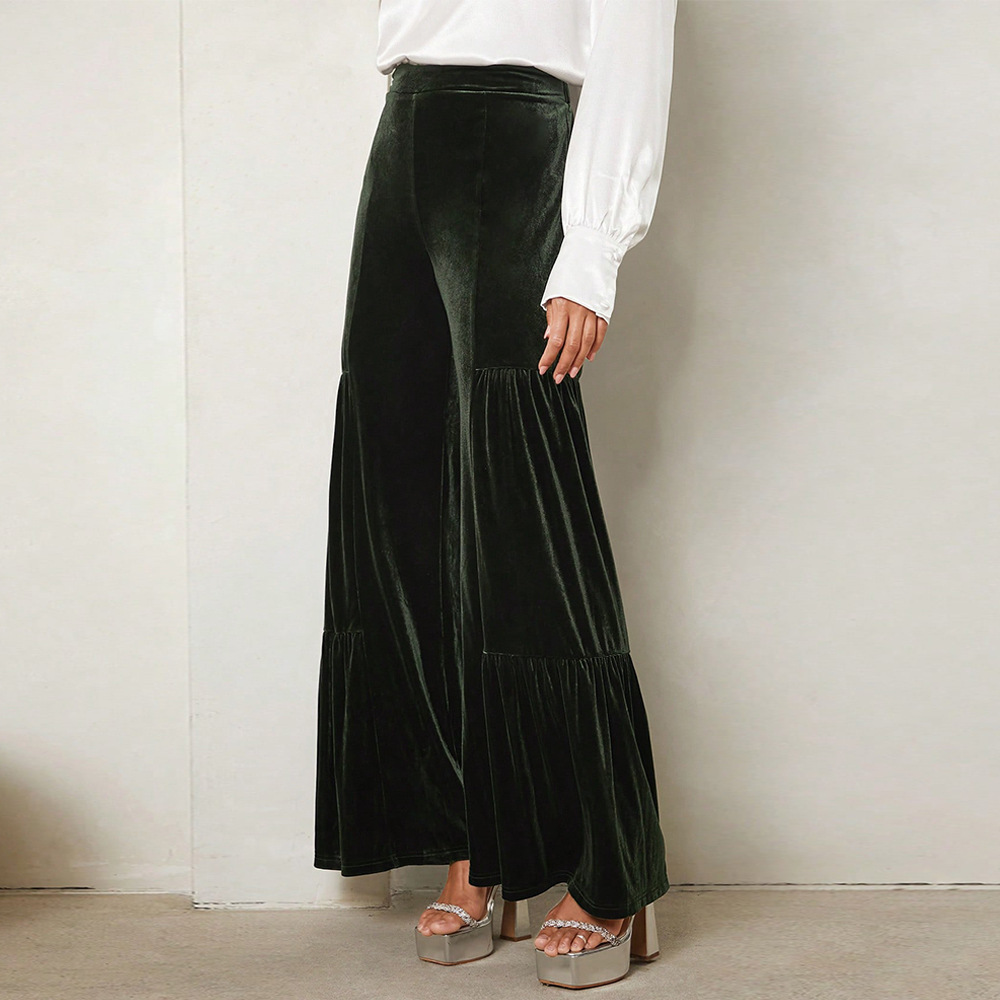 Women’s Fall/Winter Velvet Wide-Leg Pants – Ruffled High-Waist Straight Loose Slimming Elegant Long Pants