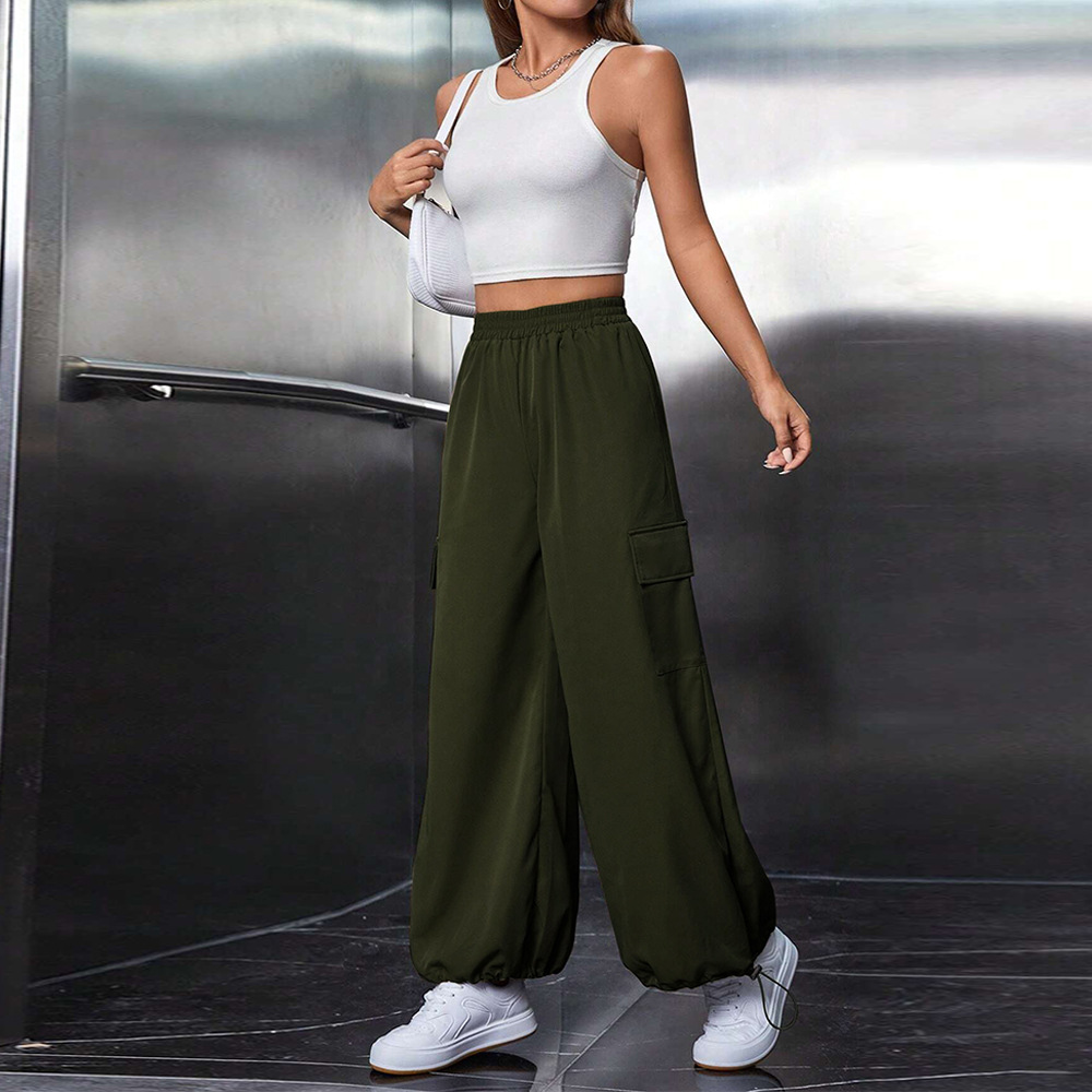 Women’s Spring/Summer 2026 New Arrival Elastic Waist Loose Casual Wide-Leg Sport Cargo Pants Elastic Cuff Long Pants