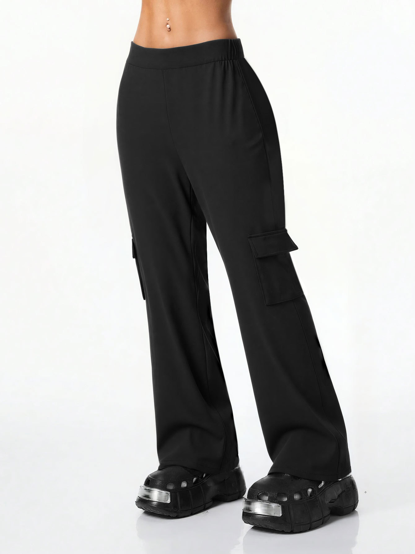 Women’s Black Spring/Fall New Arrival Pants – Elastic Waist Side Pocket Casual Fashion Flared Long Pants