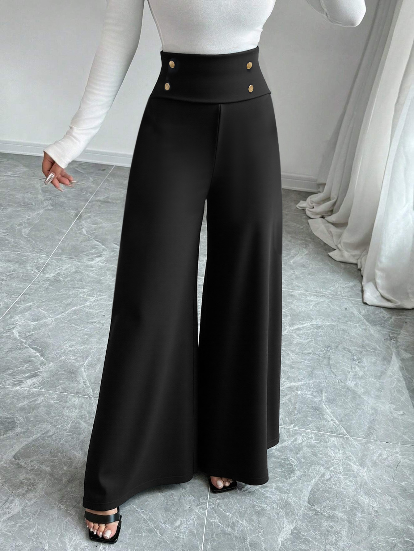 Women’s Black High-Waist Wide-Leg Pants – Slimming Draping Floor-Length Straight Pants with Metal Button Detail – Commuter Office Trousers