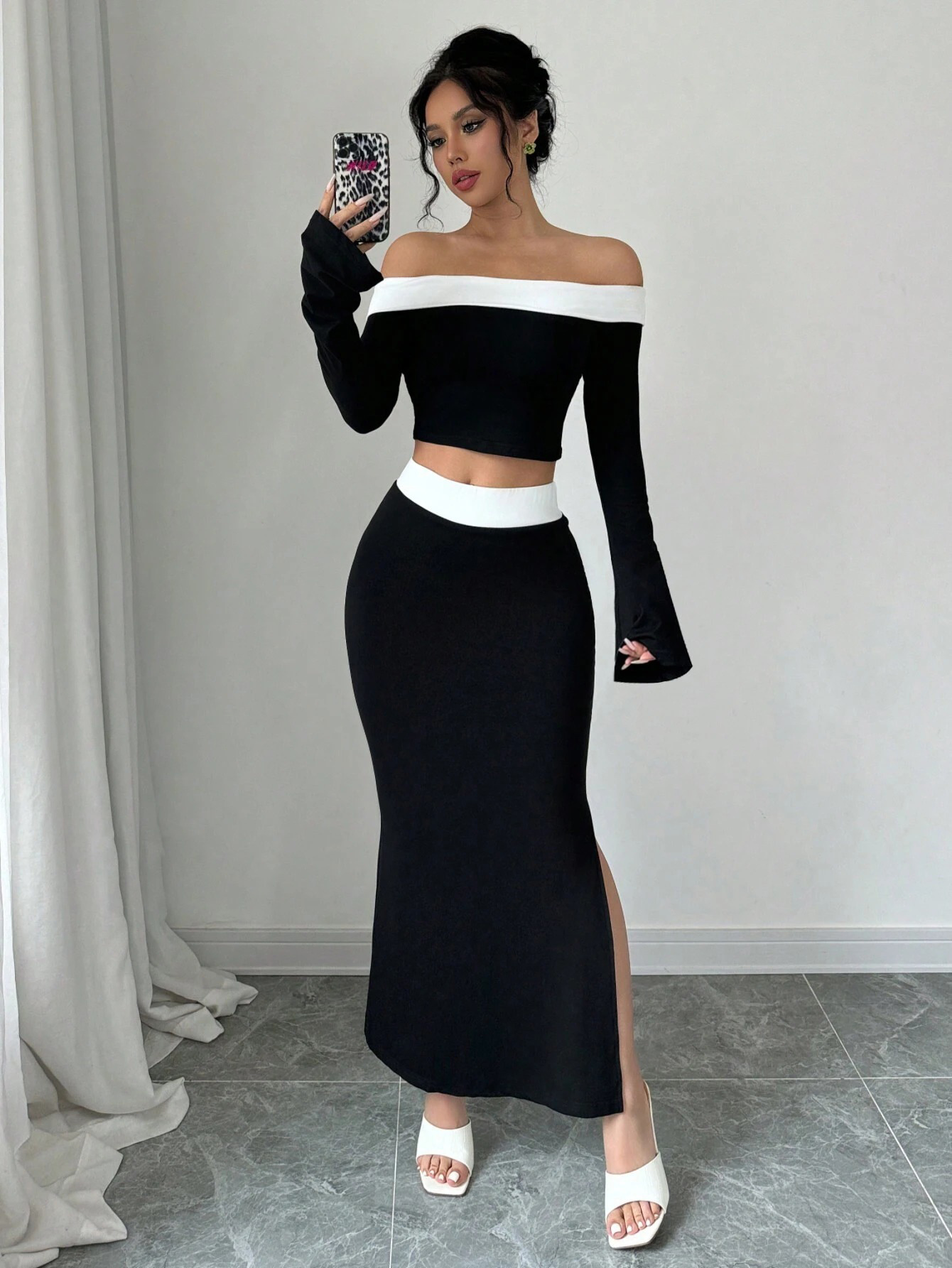Women’s Sexy Off-Shoulder Color-Block Two-Piece Dress – New Slim-Fit High-Waist Slit Skirt Fashion Set