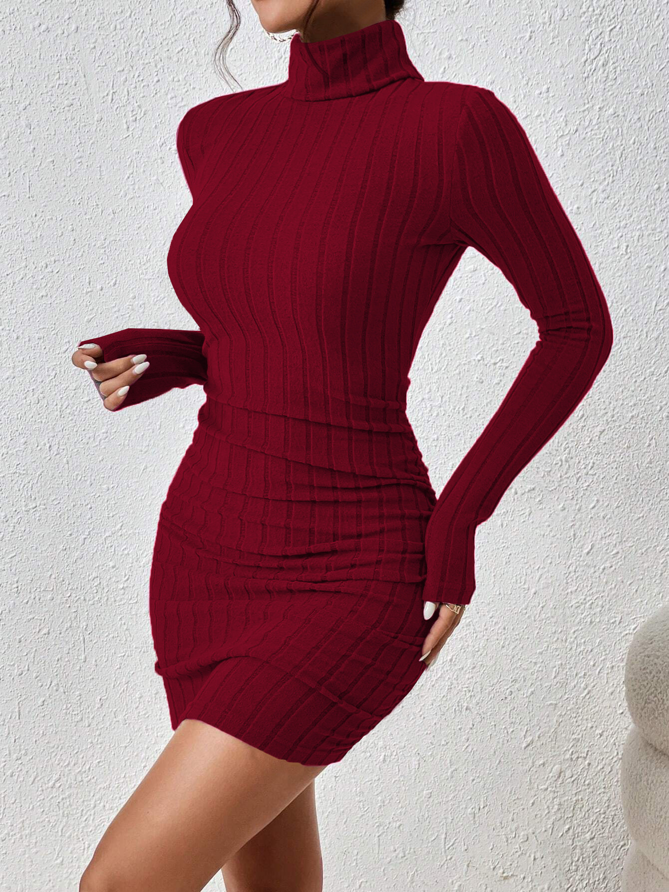 Women’s 2026 European & American Cool Chic Style Burgundy Dress – Fall/Winter Minimalist High-Neck Versatile Short Dress