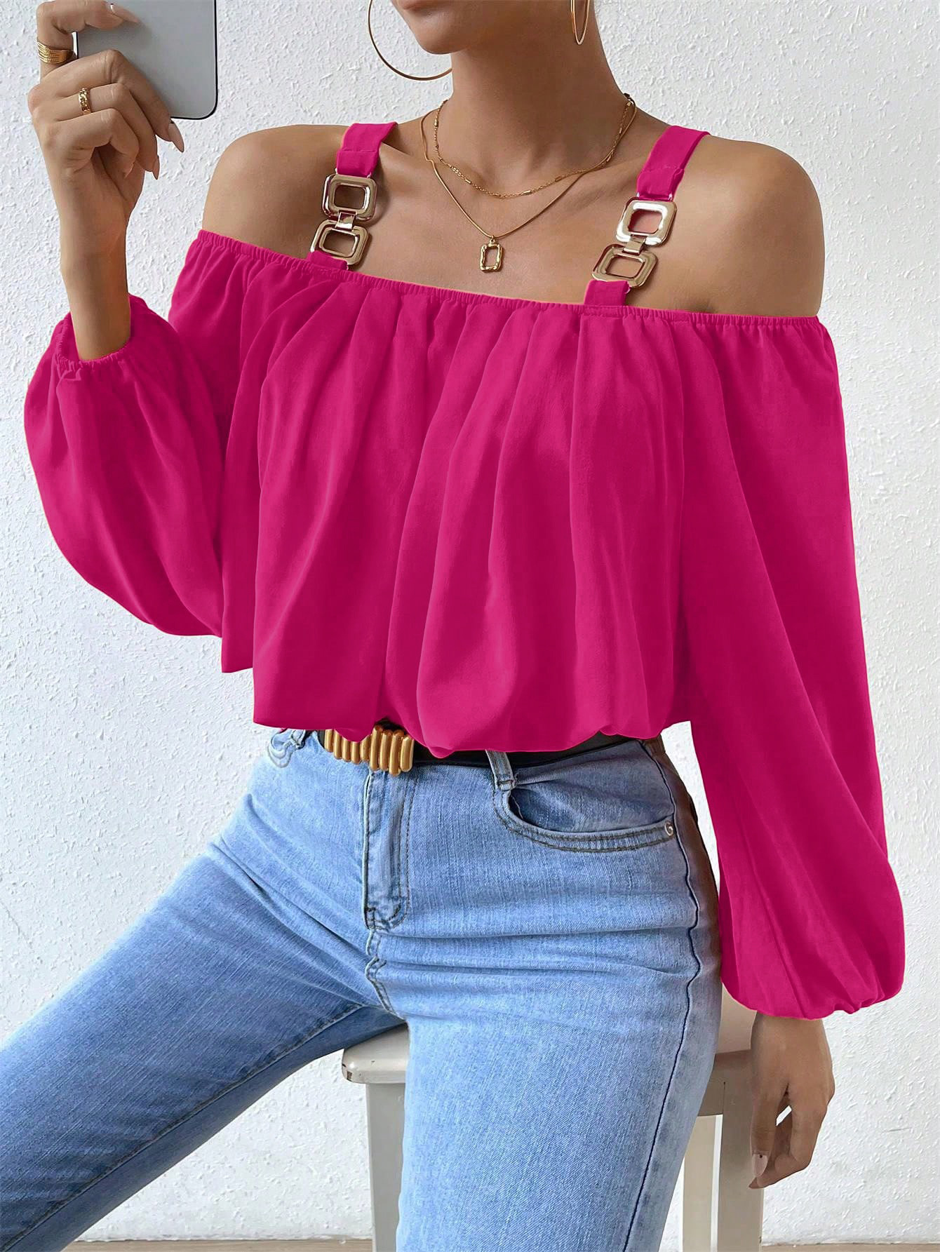 Women’s Bestseller 2026 Hot Girl Camisole Off-Shoulder Trendy Color Lantern Sleeve Loose Crop Top
