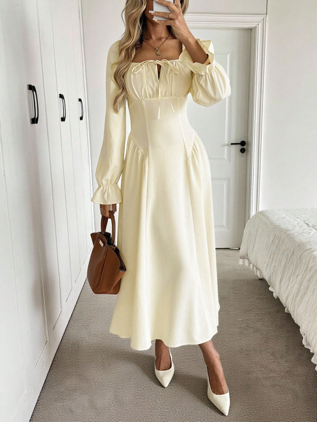 Women’s Soft Style Square Neck Tie Long Sleeve Dress – Ruched Waist-Cinching Slimming A-Line Flared Skirt